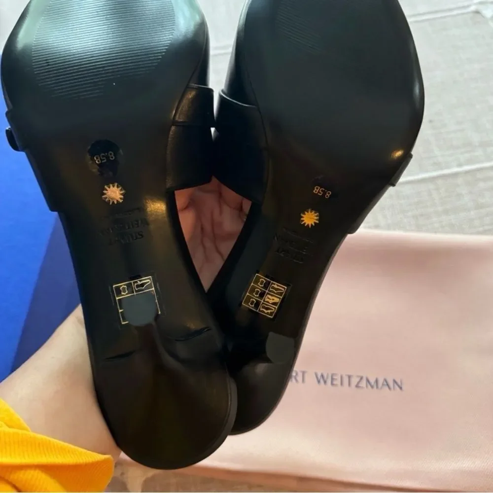 New Stuart Weitzman Black Leather Y2K 90s Mules with kitten heel Buckle Detail